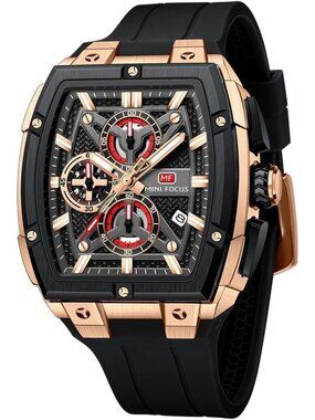 Men's Black Golden Analog Wrist Skeleton Tonneau Chronograph Enthusiasts Watch